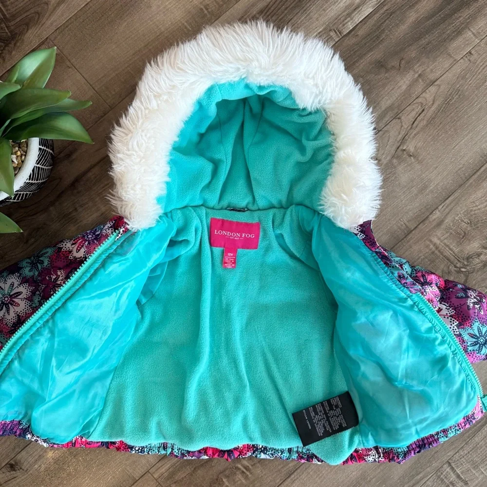 London fog pink floral toddler puffer coat with hood size 12M